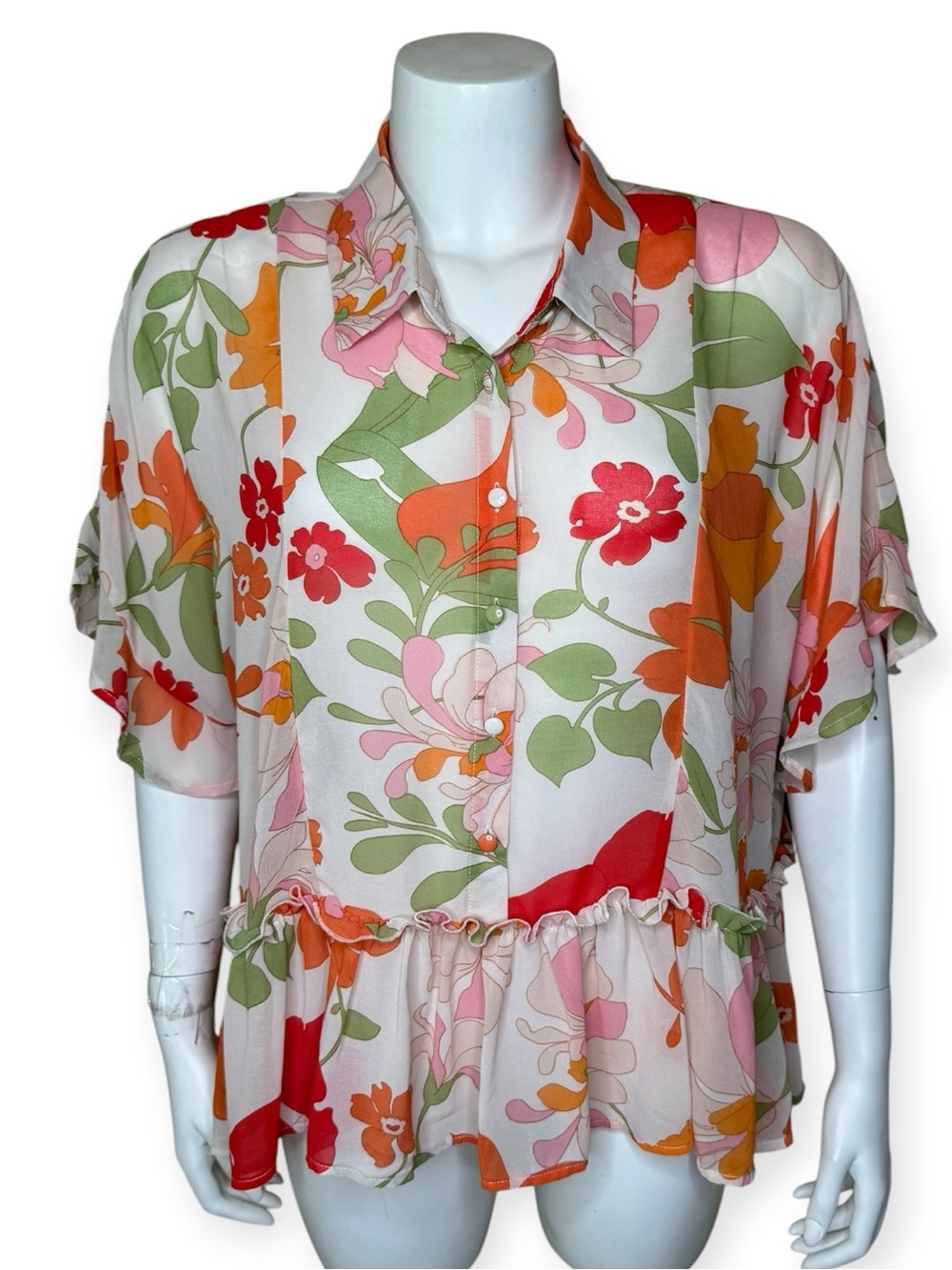 Umgee Floral Semi-Sheer Button-Front Top Blouse M Oversized Fit Boho Colorful
